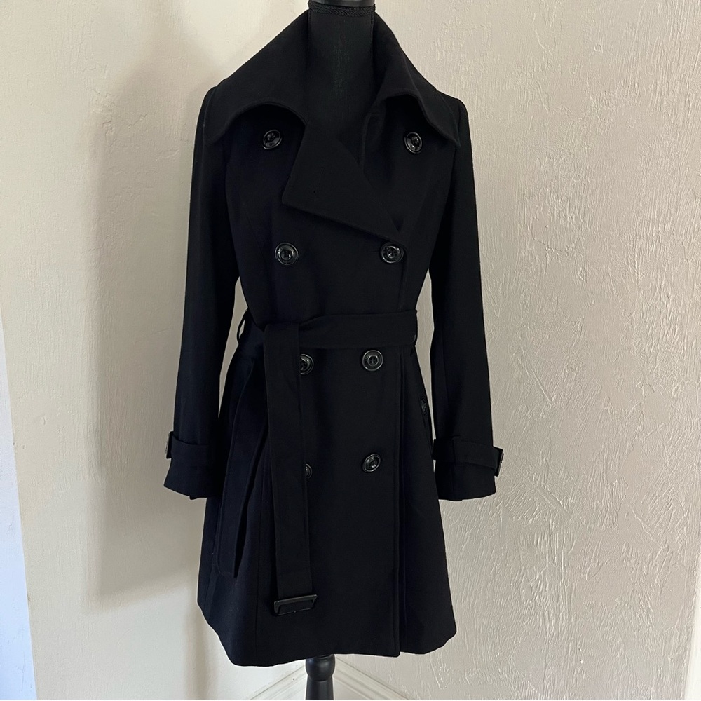 New York & Company Wool Blend Trench Coat Double Breasted Black Size 8 Belted